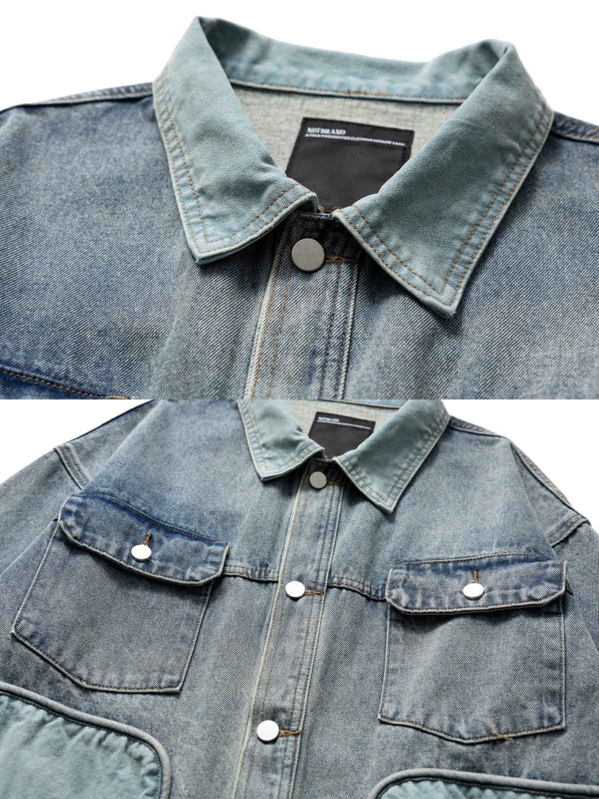 製品画像
「バイカラーパッチワーク デニム ワークジャケットの正面全体図。ヴィンテージデニムを使用し、バイカラーデザインが際立つパッチワークが特徴的な一着。ルーズフィットシルエットと耐久性に優れたデニム素材が、日常やアウトドアシーンで快適さとトレンド感を両立する万能アイテム。」
詳細画像
「バイカラーパッチワーク デニム ワークジャケットのディテール特写。コントラストのあるバイカラーのパッチワークデザインと多機能ポケットが、個性と実用性を兼ね備える。耐久性の高いデニム素材と丁寧な縫製が、ヴィンテージ感と品質の高さを引き立てている。」