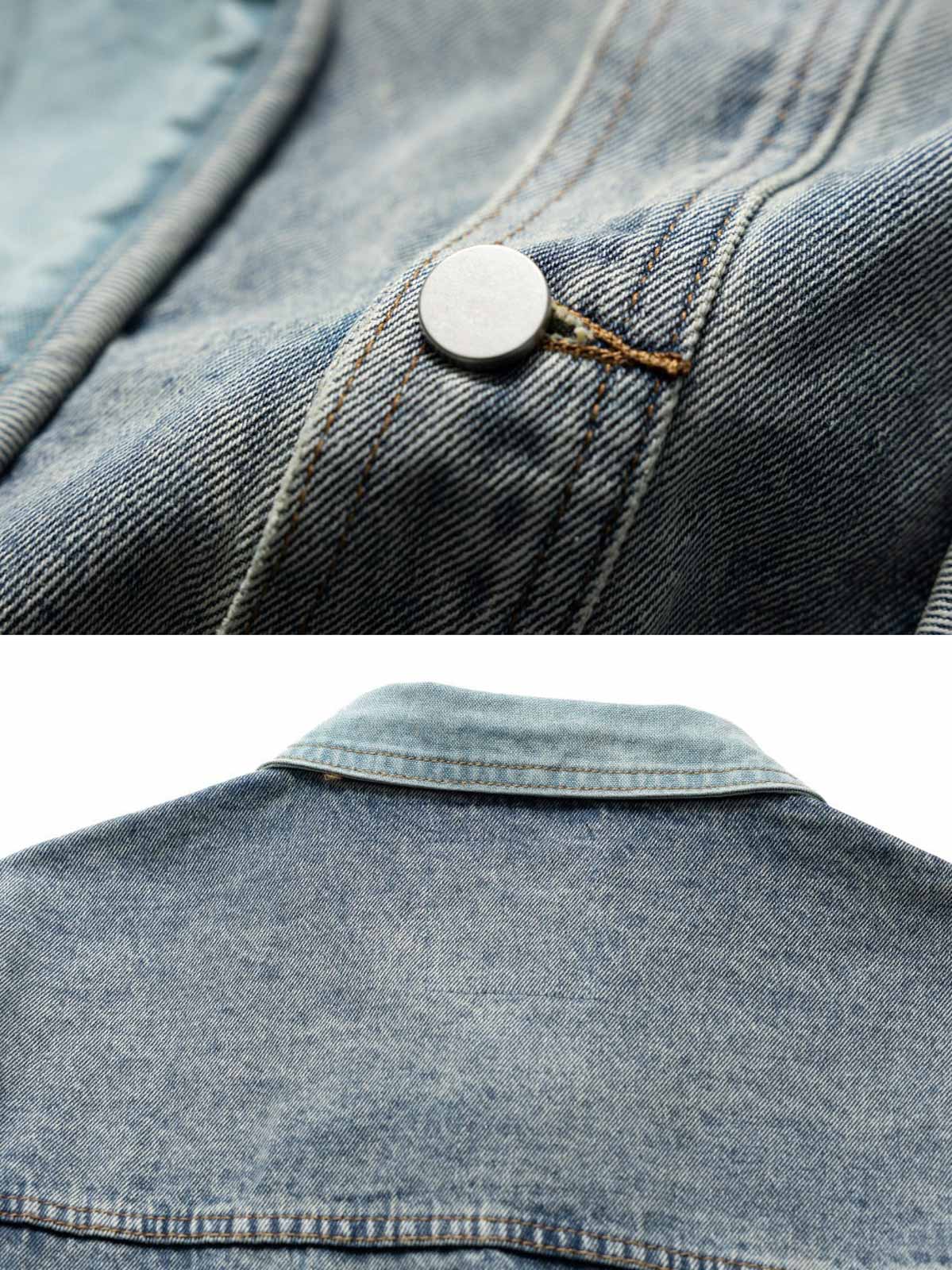 製品画像
「バイカラーパッチワーク デニム ワークジャケットの正面全体図。ヴィンテージデニムを使用し、バイカラーデザインが際立つパッチワークが特徴的な一着。ルーズフィットシルエットと耐久性に優れたデニム素材が、日常やアウトドアシーンで快適さとトレンド感を両立する万能アイテム。」
詳細画像
「バイカラーパッチワーク デニム ワークジャケットのディテール特写。コントラストのあるバイカラーのパッチワークデザインと多機能ポケットが、個性と実用性を兼ね備える。耐久性の高いデニム素材と丁寧な縫製が、ヴィンテージ感と品質の高さを引き立てている。」