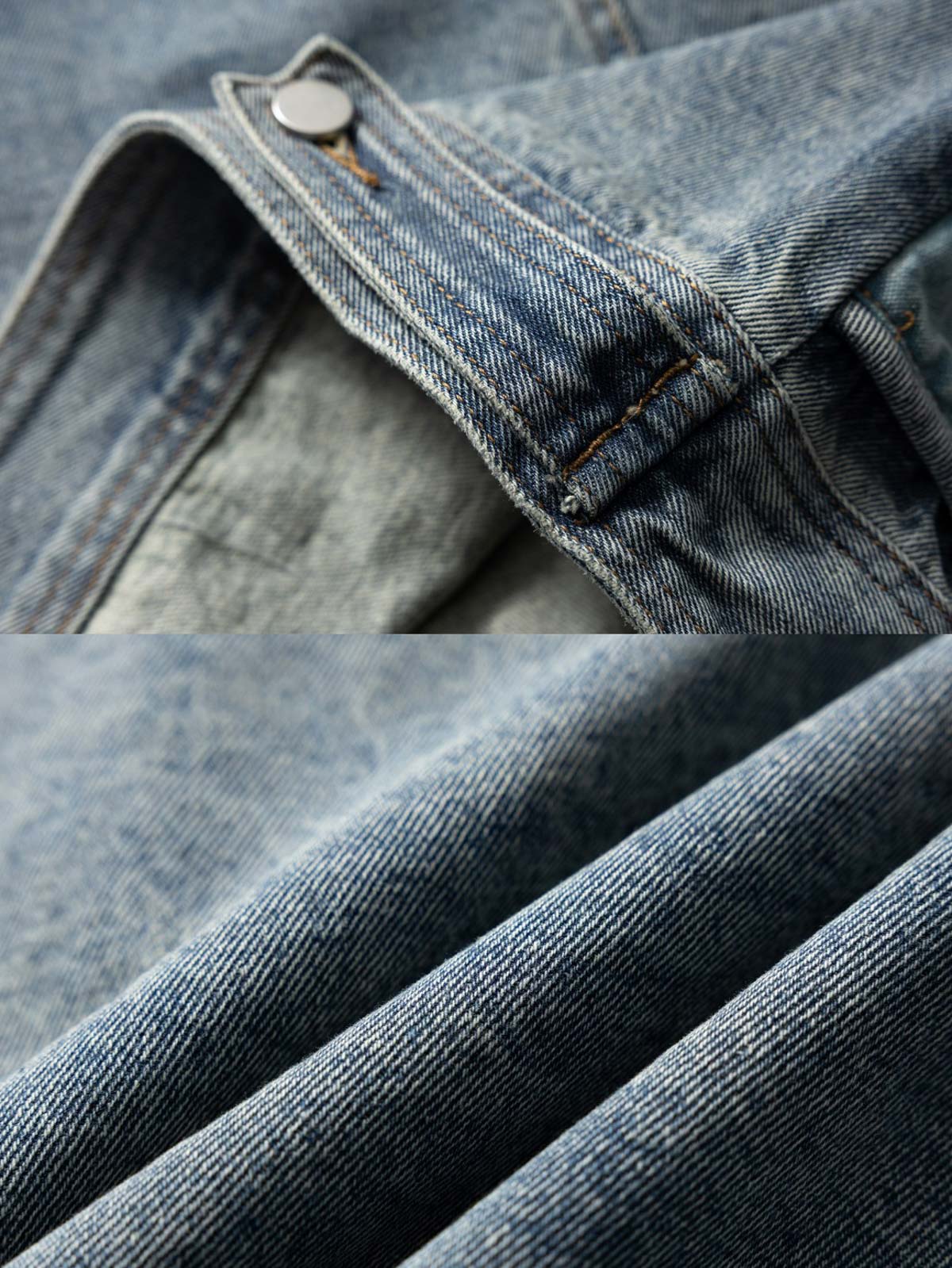 製品画像
「バイカラーパッチワーク デニム ワークジャケットの正面全体図。ヴィンテージデニムを使用し、バイカラーデザインが際立つパッチワークが特徴的な一着。ルーズフィットシルエットと耐久性に優れたデニム素材が、日常やアウトドアシーンで快適さとトレンド感を両立する万能アイテム。」
詳細画像
「バイカラーパッチワーク デニム ワークジャケットのディテール特写。コントラストのあるバイカラーのパッチワークデザインと多機能ポケットが、個性と実用性を兼ね備える。耐久性の高いデニム素材と丁寧な縫製が、ヴィンテージ感と品質の高さを引き立てている。」