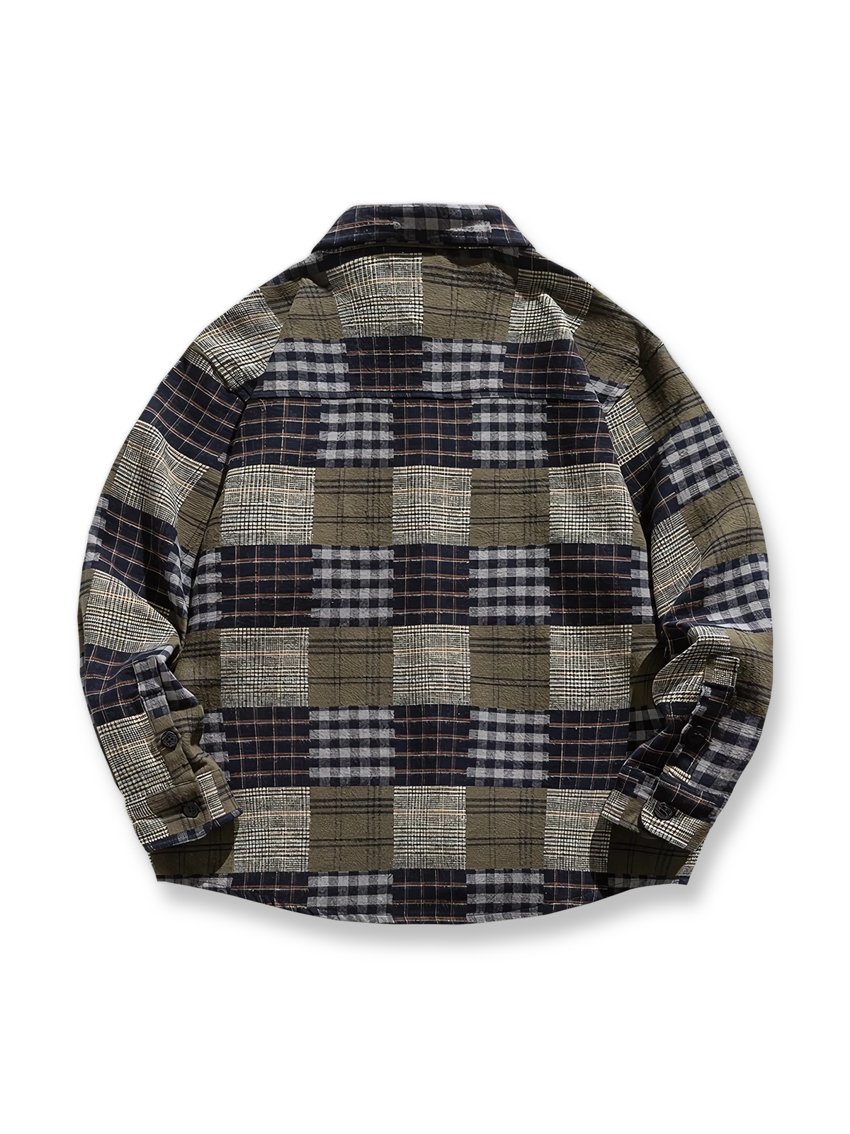 製品画像: "パッチワーク風配色チェックシャツの正面ビュー、レトロなフランネルデザイン"
詳細画像: "配色チェックのディテールと胸ポケットの特写、クラシックな長袖シャツ"