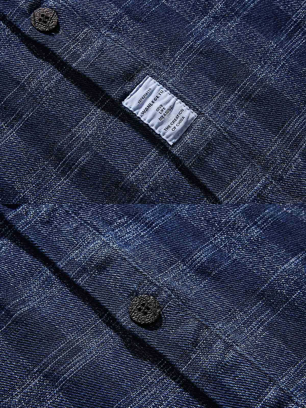 製品画像: "ヴィンテージウォッシュチェックデニムシャツの正面ビュー、レトロなブルーチェックデザイン"
詳細画像: "ウォッシュブルーチェックのディテール特写、柔らかい質感のデニム"