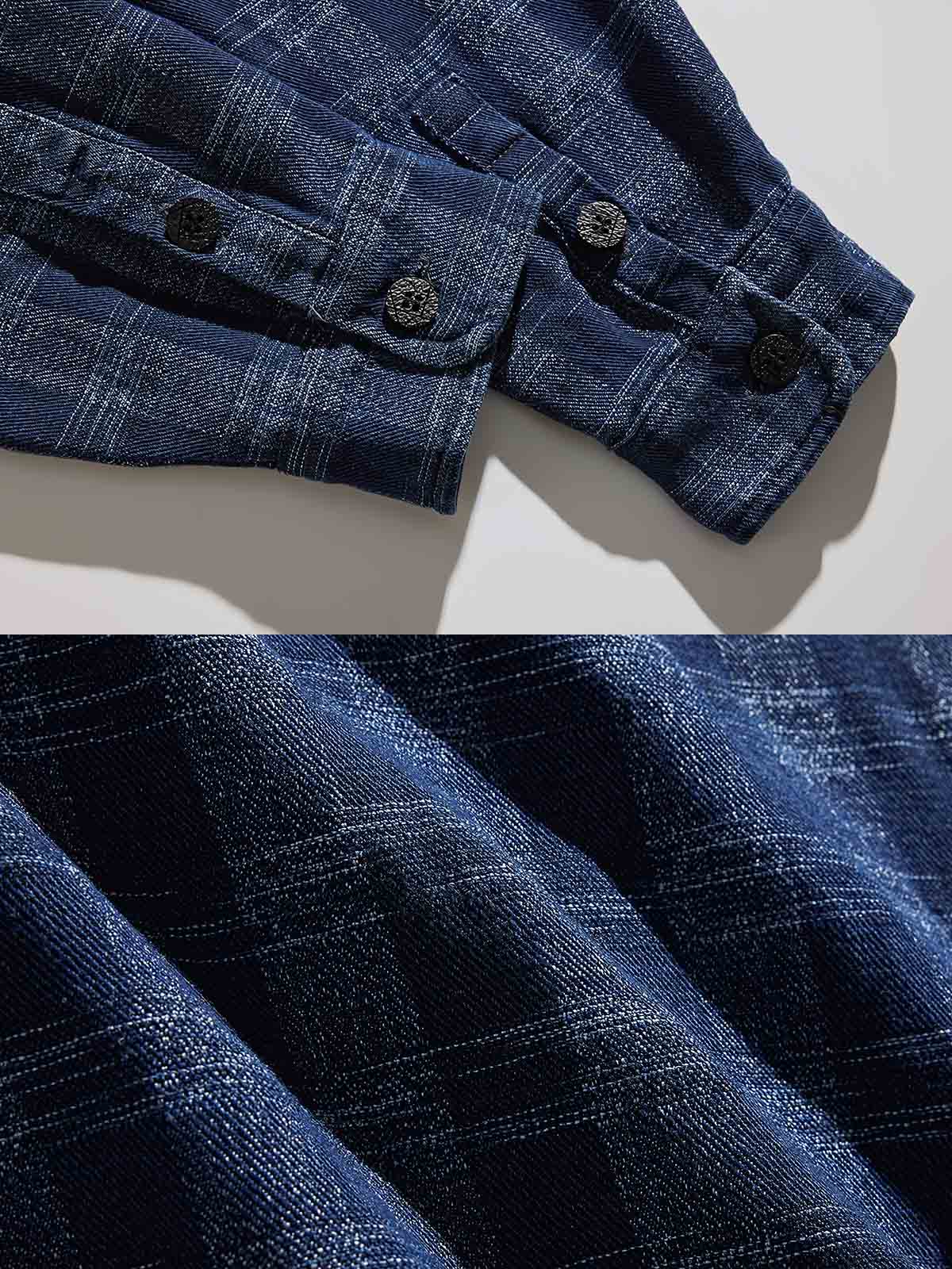 製品画像: "ヴィンテージウォッシュチェックデニムシャツの正面ビュー、レトロなブルーチェックデザイン"
詳細画像: "ウォッシュブルーチェックのディテール特写、柔らかい質感のデニム"