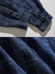 製品画像: "ヴィンテージウォッシュチェックデニムシャツの正面ビュー、レトロなブルーチェックデザイン"
詳細画像: "ウォッシュブルーチェックのディテール特写、柔らかい質感のデニム"