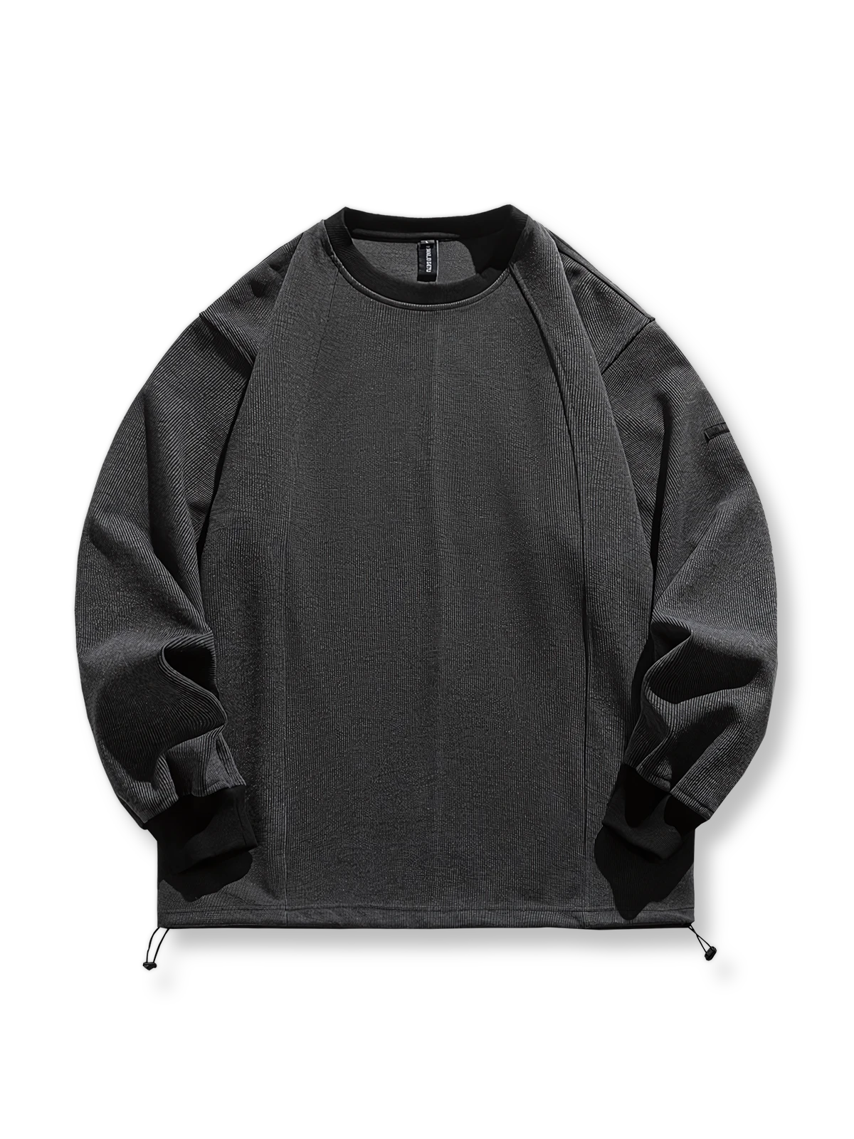 製品画像: "ストライプのルーズバイカラスウェットシャツの正面ビュー、カジュアルでストリート風のトップス"
詳細画像: "袖口と裾のバイカラーデザインの詳細、ストライプルーズプルオーバースウェット"