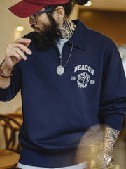 Bulldog刺繍ハーフジップスウェット