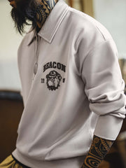 Bulldog刺繍ハーフジップスウェット