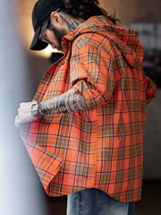 オレンジチェック フーディーシャツ