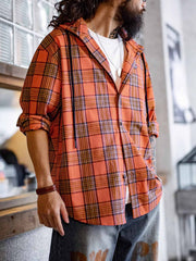 オレンジチェック フーディーシャツ