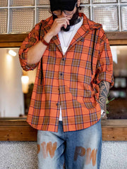 オレンジチェック フーディーシャツ