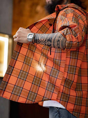 オレンジチェック フーディーシャツ