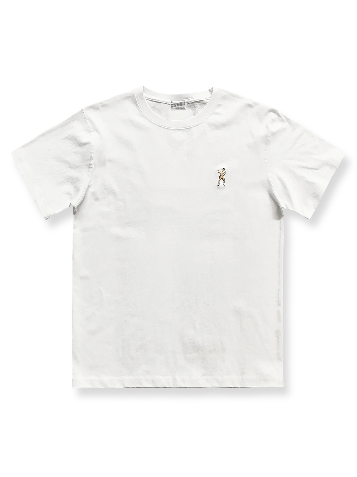 Vintage Boxer Teeの全体デザインを展示し、白色ヘビーウェイトニットコットン生地とそのレトロなボクサー刺繍の精緻なディテールを強調。