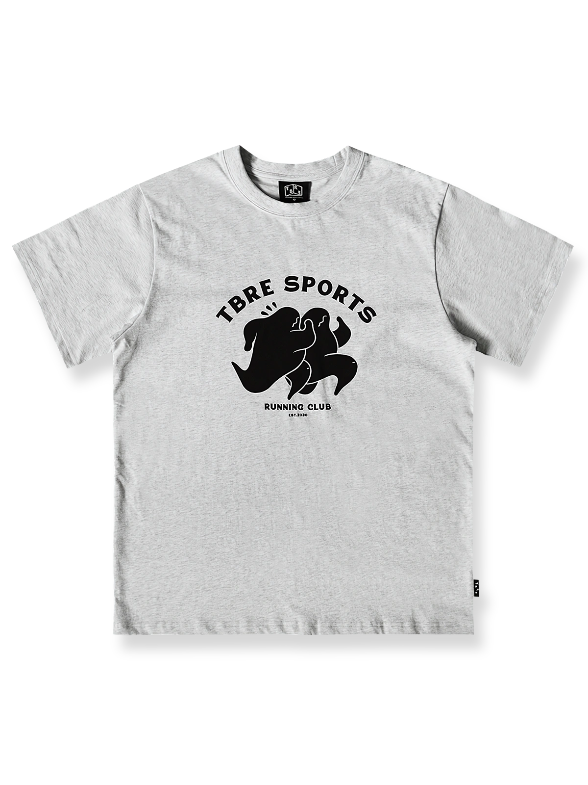 ライトグレーのゆったりとしたランニングマンプリントクルーネック半袖Tシャツ正面図