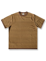 ブラウン&アプリコットストライプのルーズフィットクルーネック半袖Tシャツ全体