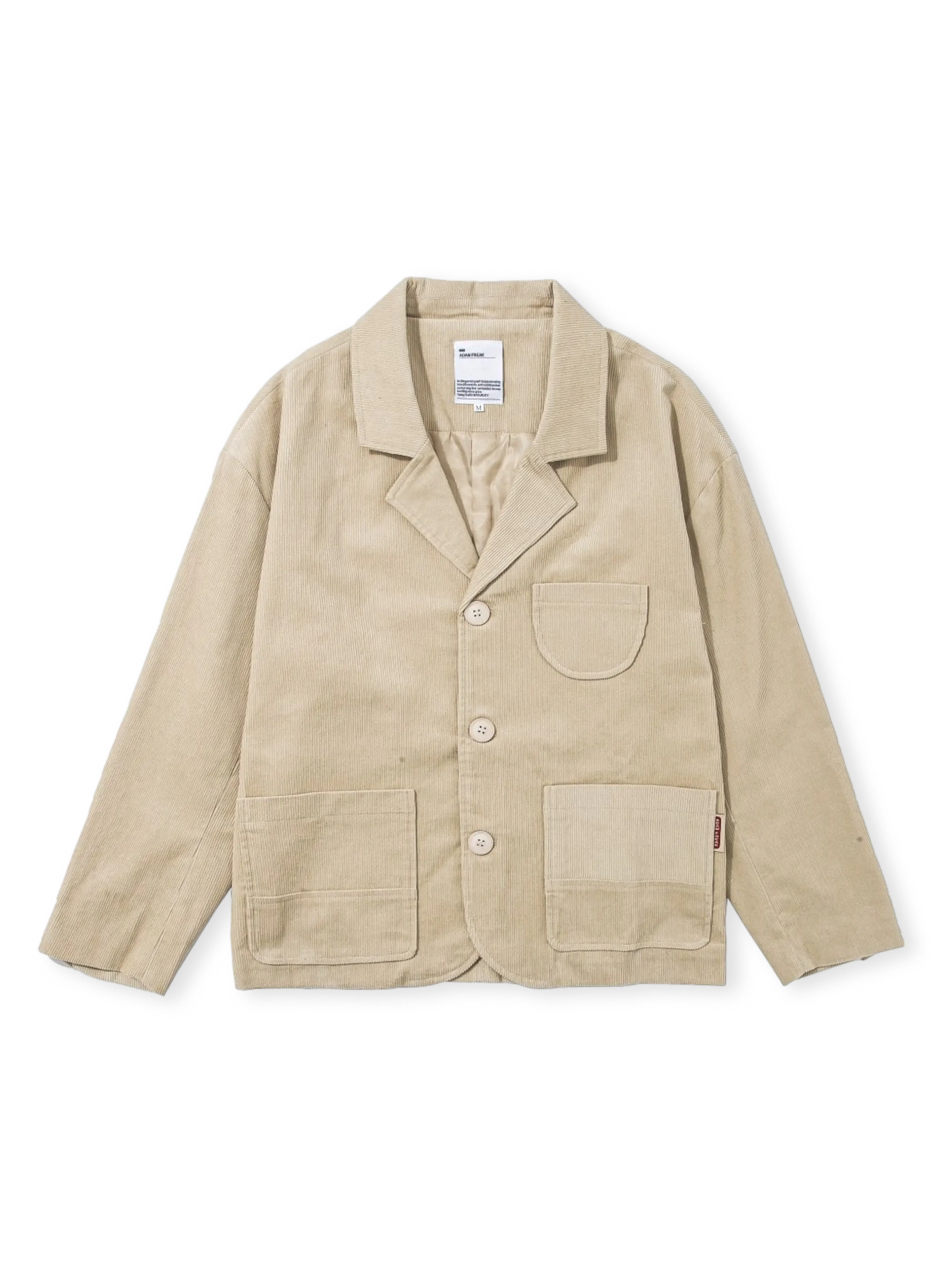 ベージュ&ブラウンのコーデュロイジャケット、胸元と腰にポケット付き