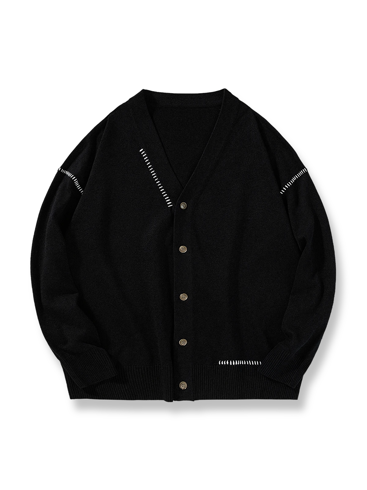 製品画像
「Vネック ニットカーディガンの全体像。ブラック、グレー、ベージュの3色展開で、高品質アクリルコットン混紡素材を使用したルーズフィットデザイン」
詳細画像
「Vネック ニットカーディガンのボタンディテールと9ゲージの精密編みの質感をクローズアップ」