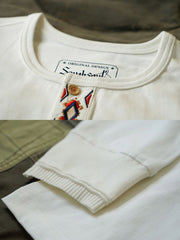 製品画像
クラシックな刺繍入りデザインの改良型ヴィンテージヘンリーネック 長袖Tシャツの正面全体画像。高品質なアメリカ産ピマコットン素材を使用した一着。
詳細画像
刺繍入りの近似色前立てとダブルステッチ仕上げ、リブ仕様の袖口ディテールをクローズアップした画像。美しい縫製と耐久性が特徴。