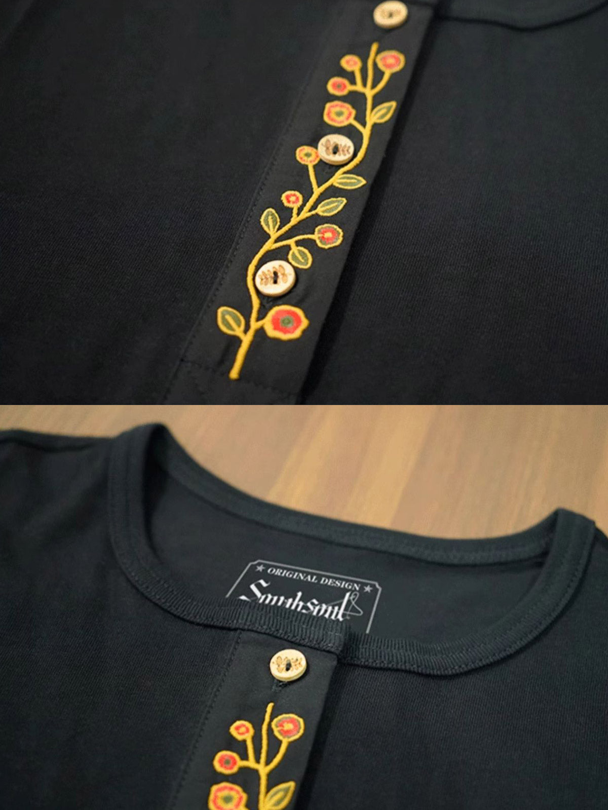 製品画像
クラシックな刺繍入りデザインの改良型ヴィンテージヘンリーネック 長袖Tシャツの正面全体画像。高品質なアメリカ産ピマコットン素材を使用した一着。
詳細画像
刺繍入りの近似色前立てとダブルステッチ仕上げ、リブ仕様の袖口ディテールをクローズアップした画像。美しい縫製と耐久性が特徴。