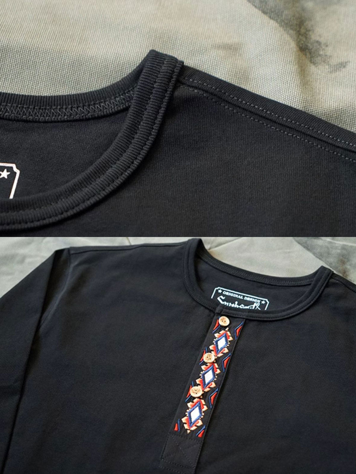 製品画像
クラシックな刺繍入りデザインの改良型ヴィンテージヘンリーネック 長袖Tシャツの正面全体画像。高品質なアメリカ産ピマコットン素材を使用した一着。
詳細画像
刺繍入りの近似色前立てとダブルステッチ仕上げ、リブ仕様の袖口ディテールをクローズアップした画像。美しい縫製と耐久性が特徴。