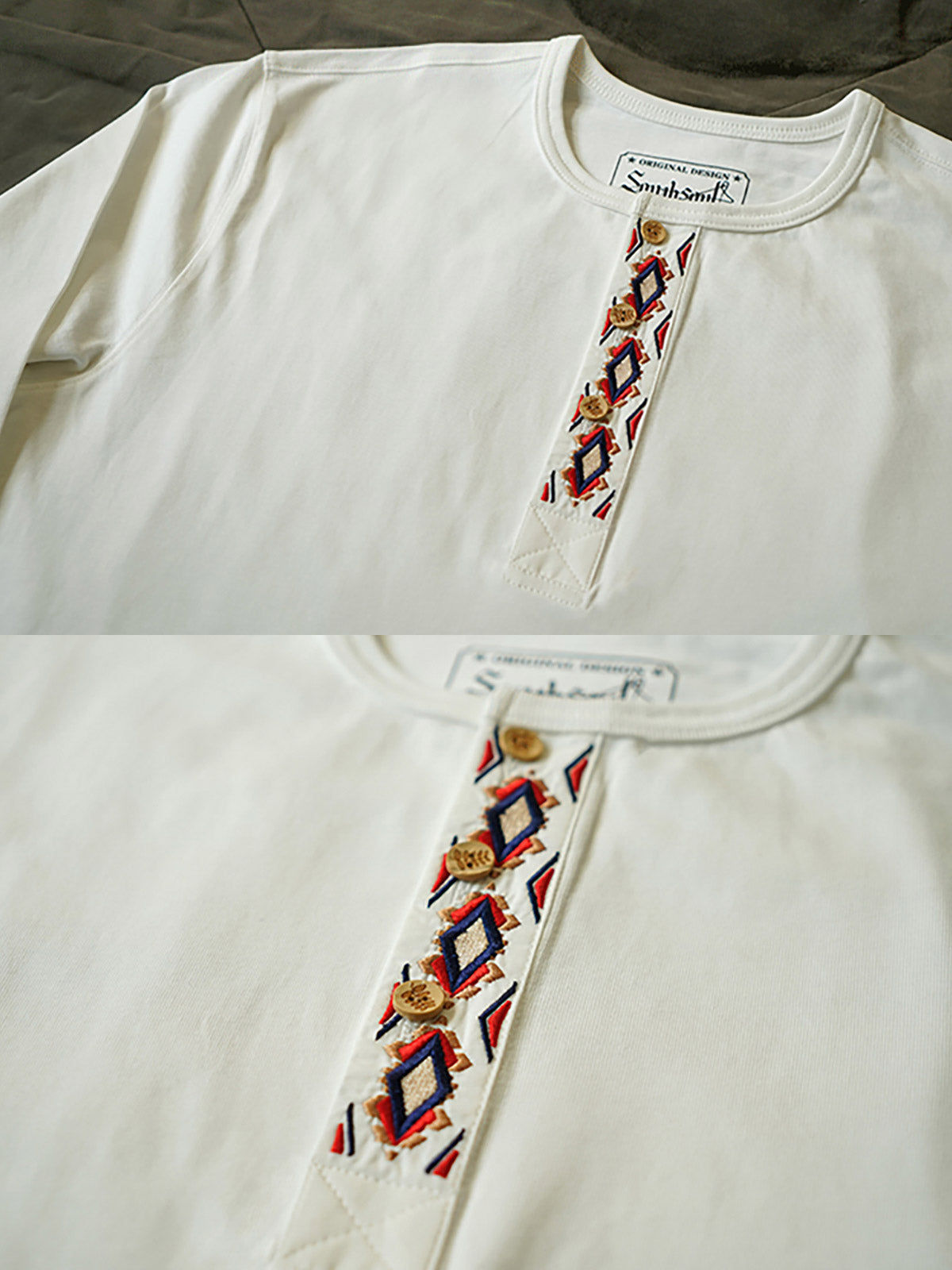 製品画像
クラシックな刺繍入りデザインの改良型ヴィンテージヘンリーネック 長袖Tシャツの正面全体画像。高品質なアメリカ産ピマコットン素材を使用した一着。
詳細画像
刺繍入りの近似色前立てとダブルステッチ仕上げ、リブ仕様の袖口ディテールをクローズアップした画像。美しい縫製と耐久性が特徴。