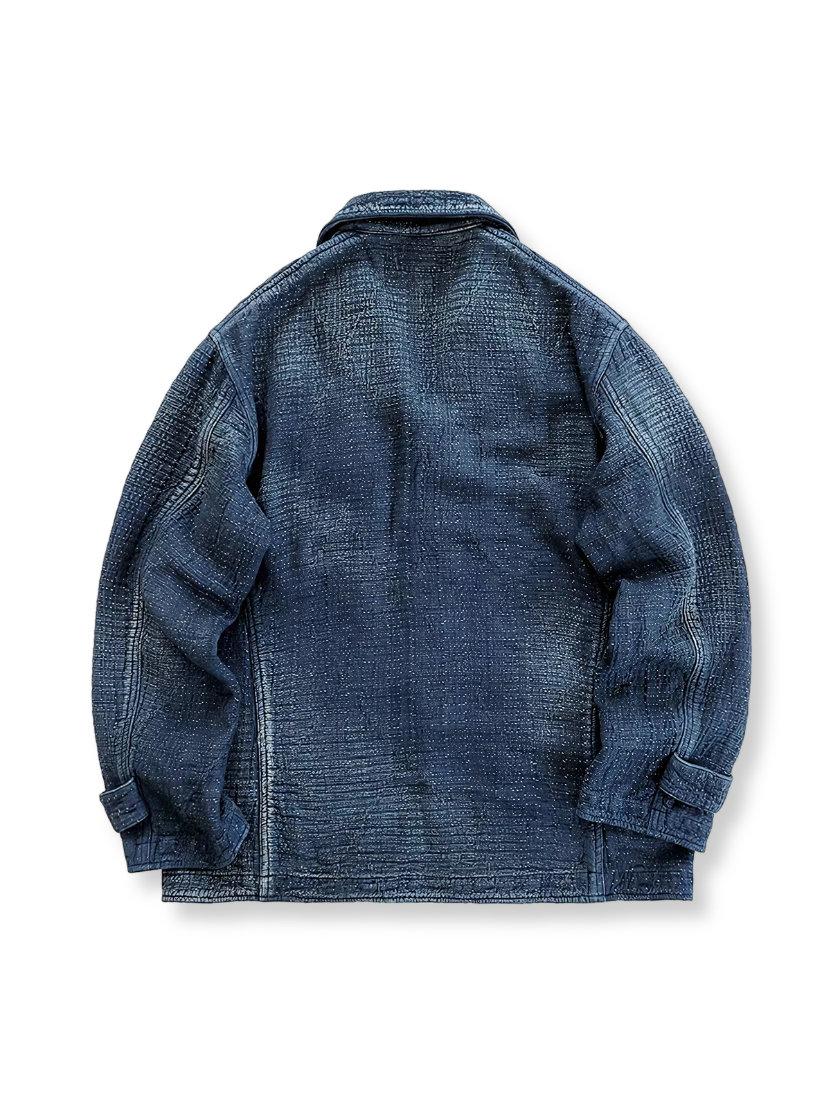 製品画像: Indigo 藍染め 刺子織り ブレザー全体写真。藍染め技法と刺子織りの繊細なテクスチャが特徴のヴィンテージブレザー。
詳細画像: 刺子織り生地の立体感と藍染めの深みある色合いを強調したディテール写真。独自の風合いが魅力。