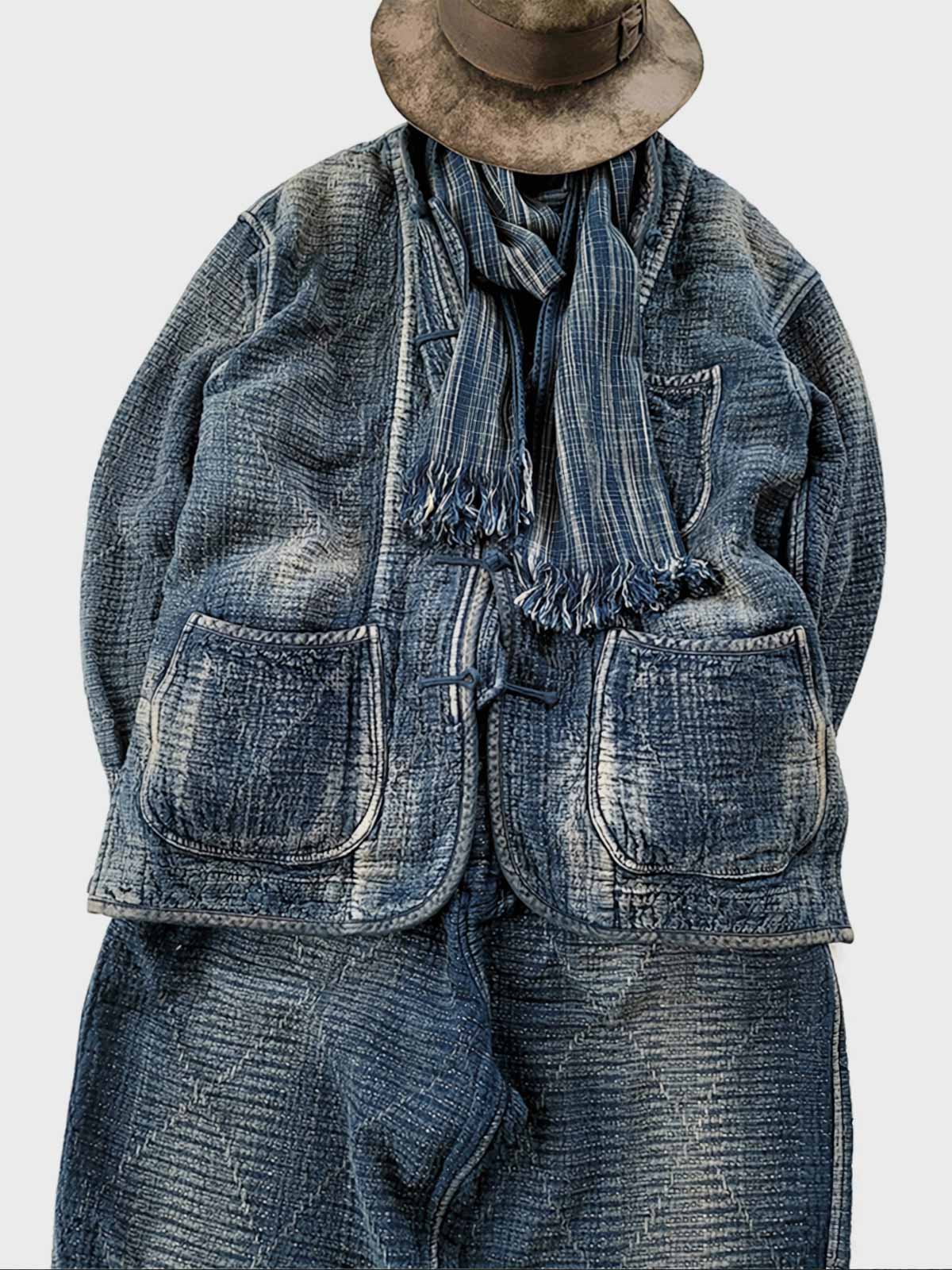 製品画像: Indigo 藍染め スタンドカラーチャイナボタン コート全体写真。藍染め技法とストーンウォッシュ加工が際立つ、東洋の美学とヴィンテージスタイルを融合したデザイン。
詳細画像: チャイナボタンのクラシックなディテールとストーンウォッシュ加工による深みのある藍色を強調した写真。