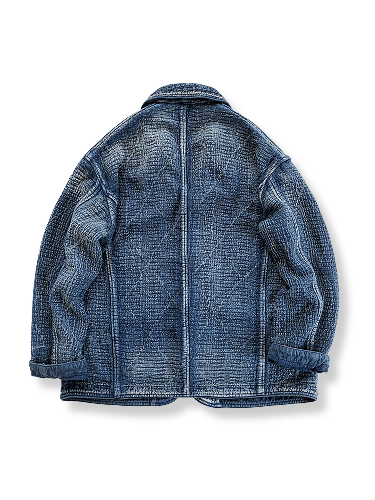 製品画像: Indigo 藍染め 刺子織り カジュアルブレザー全体写真。天然植物藍染めと刺子織りの伝統工芸が際立つヴィンテージスタイルのブレザー。
詳細画像: 刺子織りのピースワークデザインと天然本牛角ボタンの高品質ディテールを強調した写真。深みのある藍色が特徴。