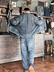 詳細画像: 刺子織りのピースワークデザインと天然本牛角ボタンの高品質ディテールを強調した写真。深みのある藍色が特徴。
モデル画像: Indigo 藍染め 刺子織り カジュアルブレザーを着用したモデルによる、上品でヴィンテージ感あふれるスタイリング写真。