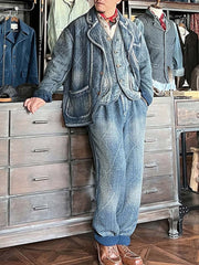 詳細画像: 刺子織りのピースワークデザインと天然本牛角ボタンの高品質ディテールを強調した写真。深みのある藍色が特徴。
モデル画像: Indigo 藍染め 刺子織り カジュアルブレザーを着用したモデルによる、上品でヴィンテージ感あふれるスタイリング写真。