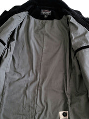 製品画像:ブラックの厚手コーデュロイスタンドカラージャケットの正面
詳細画像:天然牛角ボタンとスタンドカラーの質感ディテール