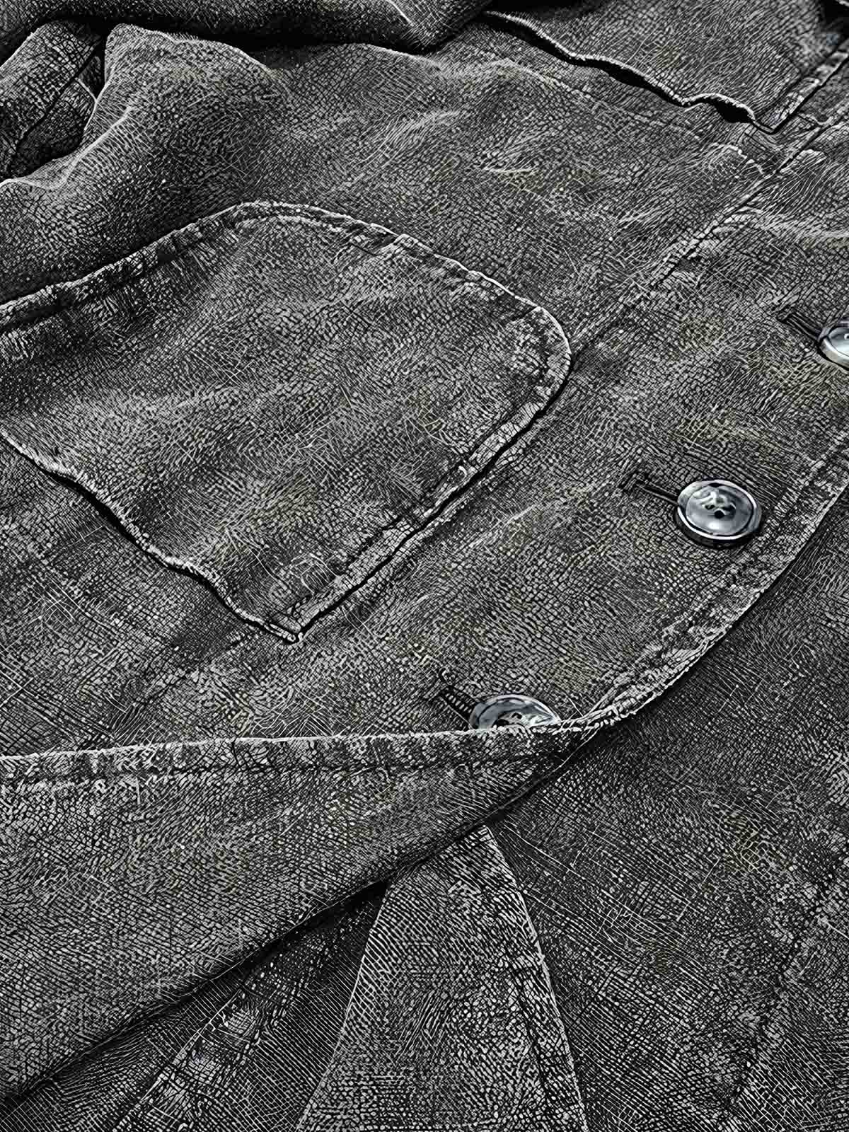 製品画像:バティック染めヴィンテージリネンジャケットの正面画像
詳細画像:袖口に施されたヴィンテージ風ボタンと色落ち加工のディテール