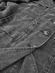 製品画像:バティック染めヴィンテージリネンジャケットの正面画像
詳細画像:袖口に施されたヴィンテージ風ボタンと色落ち加工のディテール