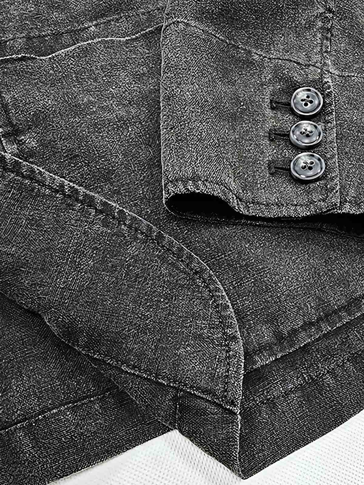 製品画像:バティック染めヴィンテージリネンジャケットの正面画像
詳細画像:袖口に施されたヴィンテージ風ボタンと色落ち加工のディテール