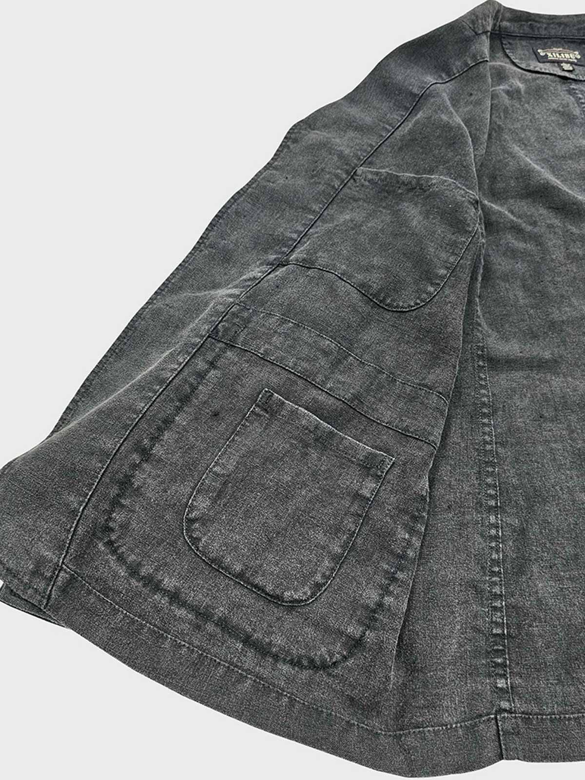 製品画像:バティック染めヴィンテージリネンジャケットの正面画像
詳細画像:袖口に施されたヴィンテージ風ボタンと色落ち加工のディテール