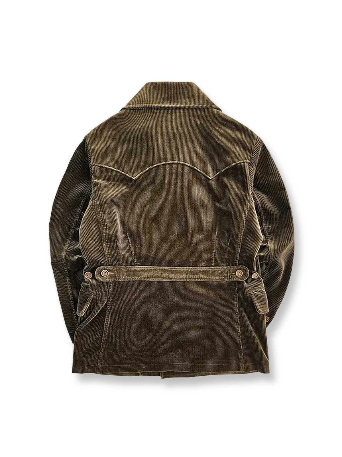製品画像:ヴィンテージ風コーデュロイミディアム丈ダブルブレストジャケットの正面
詳細画像:天然火焼き牛角シンカーボタンとコーデュロイ生地の質感ディテール