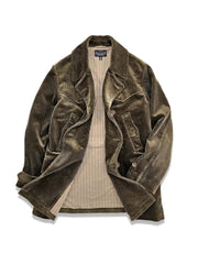 製品画像:ヴィンテージ風コーデュロイミディアム丈ダブルブレストジャケットの正面
詳細画像:天然火焼き牛角シンカーボタンとコーデュロイ生地の質感ディテール