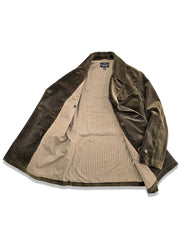 製品画像:ヴィンテージ風コーデュロイミディアム丈ダブルブレストジャケットの正面
詳細画像:天然火焼き牛角シンカーボタンとコーデュロイ生地の質感ディテール