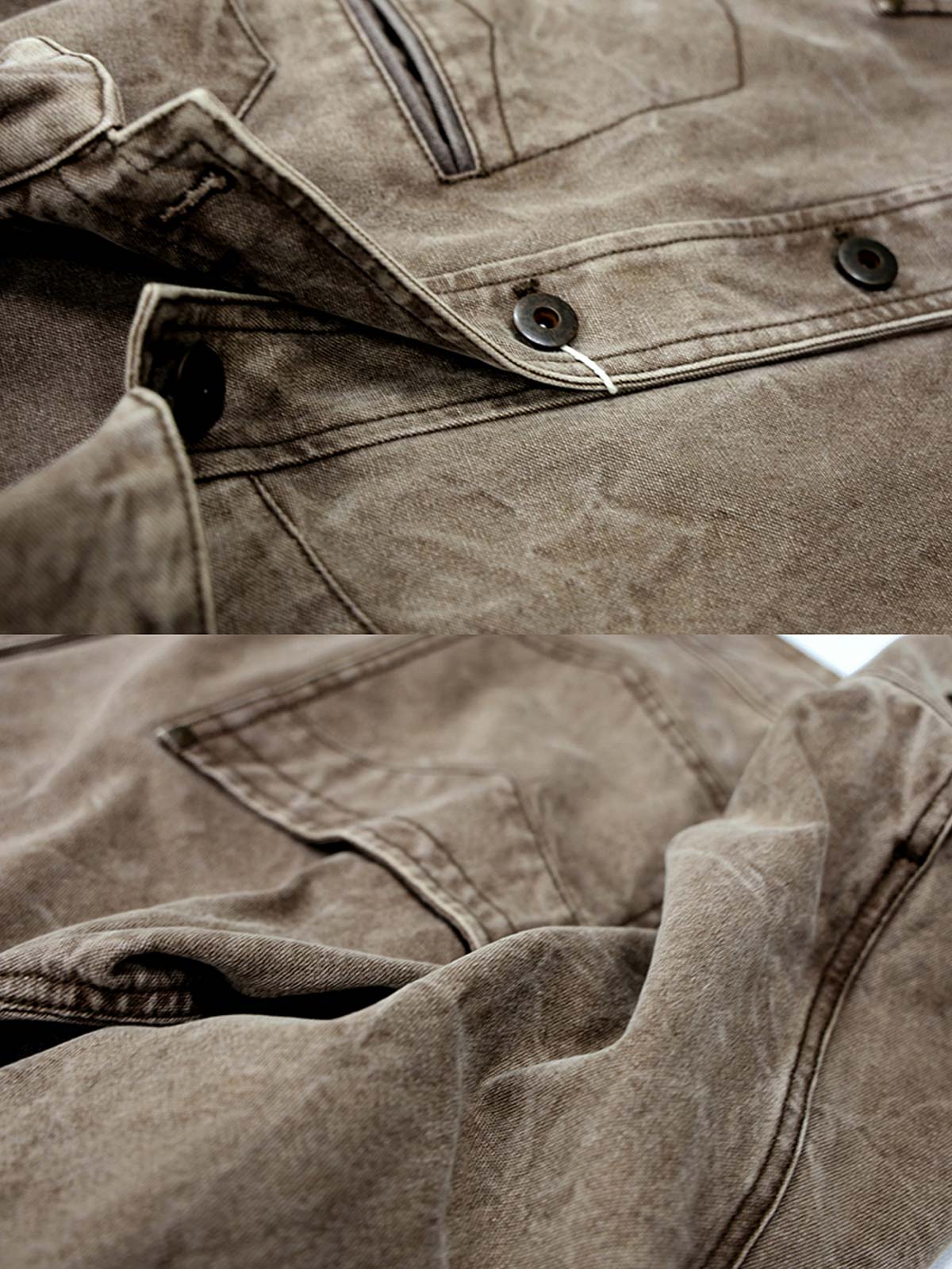 製品画像:アメカジスタイルのヴィンテージ重洗いキャンバスワークジャケット
詳細画像:ヴィンテージ加工の金具と工字ボタンディテール