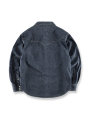 製品画像:ウエスタン風デザインの月牙型ポケット付きデニムシャツ
詳細画像:月牙型ポケットと石風スナップボタンのヴィンテージディテール