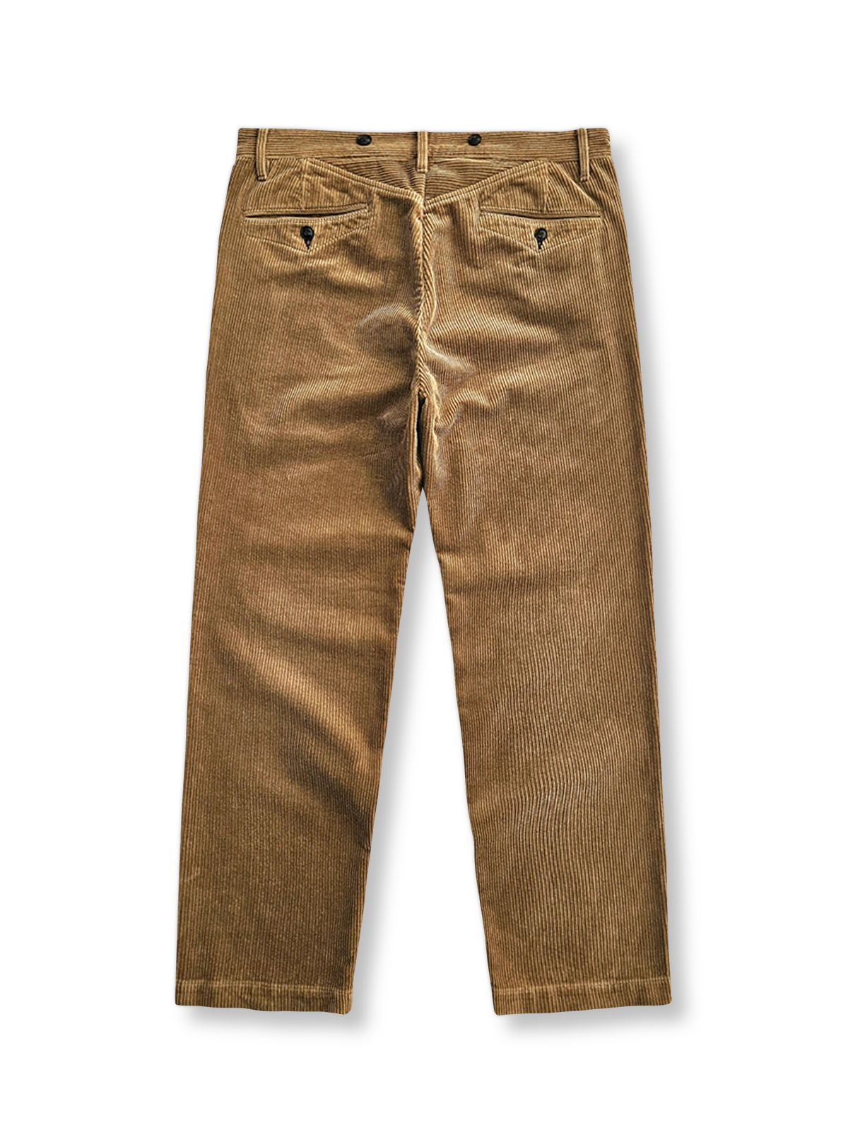 製品画像: ヴィンテージコーデュロイストレートパンツの全体画像
詳細画像: 天然牛角ボタンとコーデュロイの縞模様のディテール