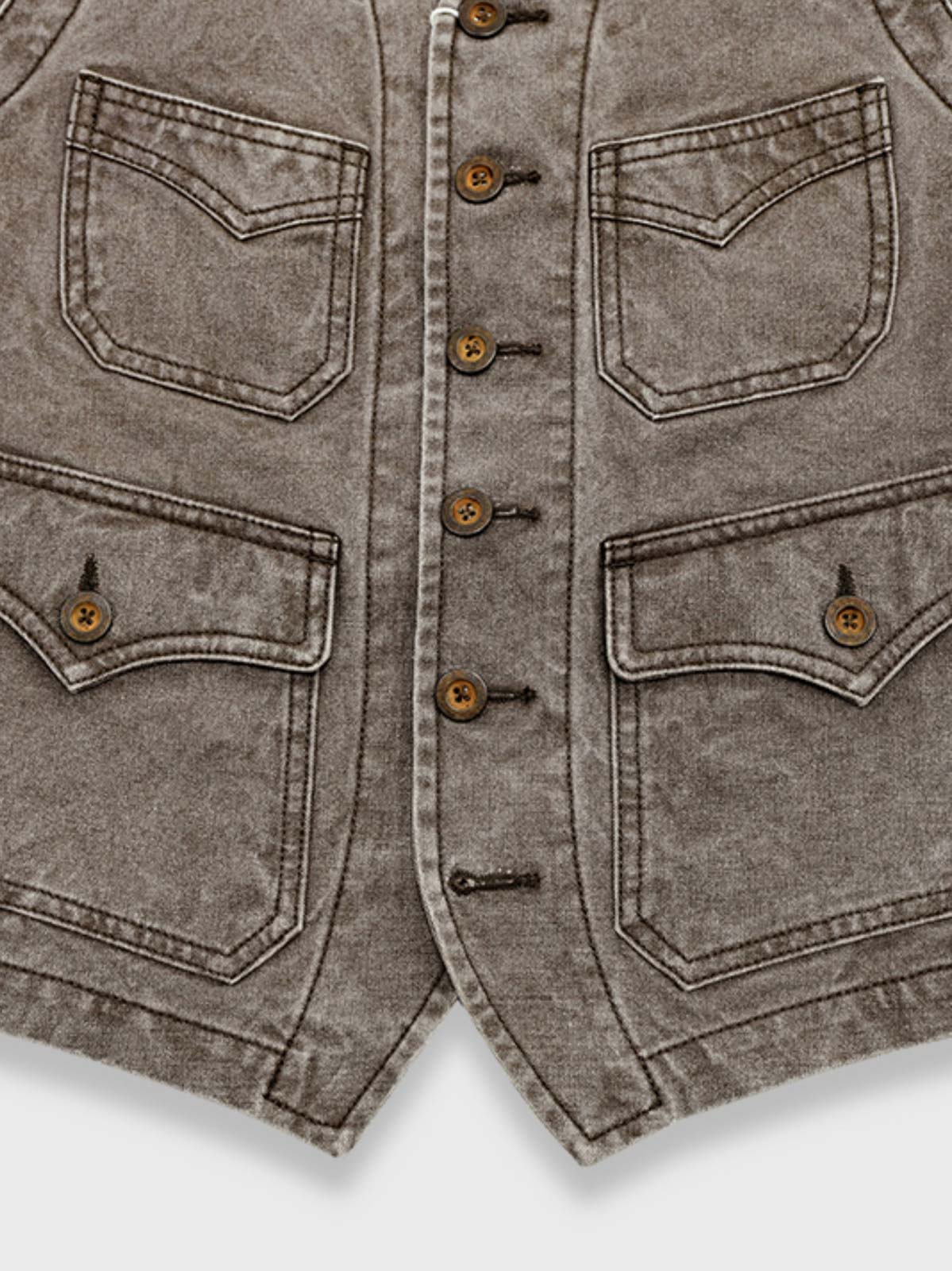 製品画像:ヴィンテージ加工を施した全コットン製アメカジワークベスト
詳細画像:ポケットディテールと水洗い抜染加工によるヴィンテージ風の質感