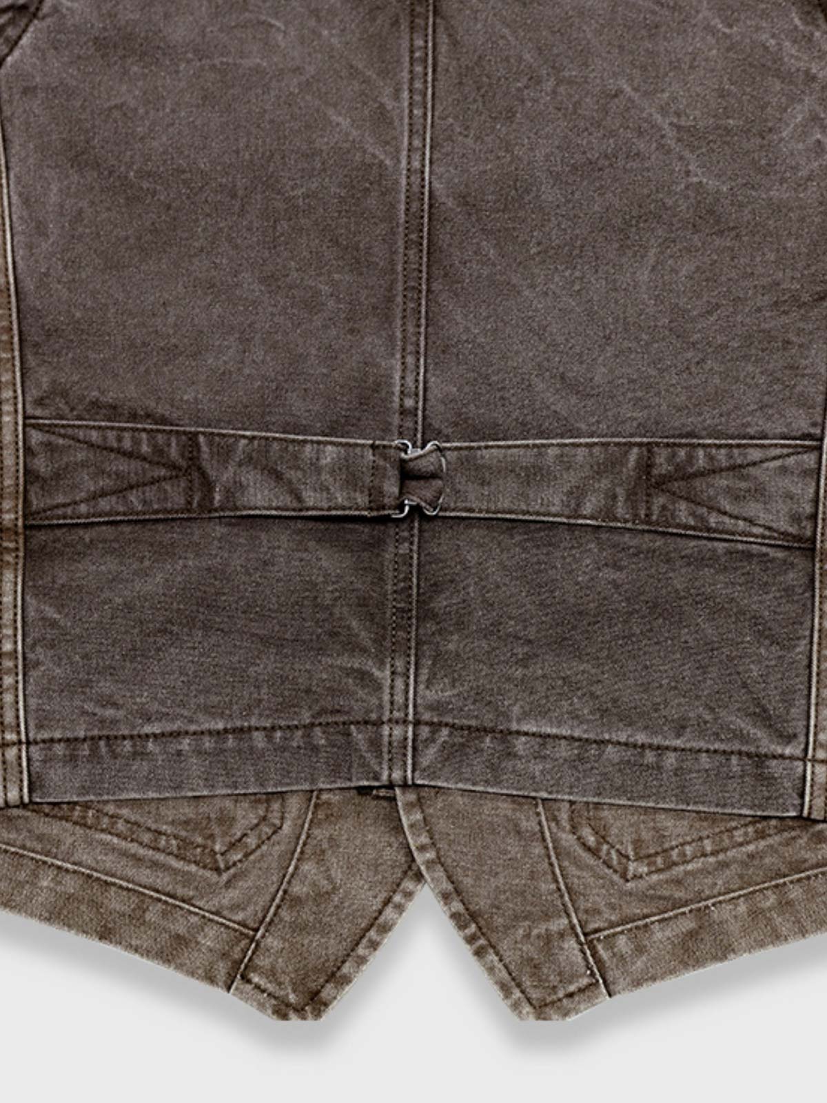 製品画像:ヴィンテージ加工を施した全コットン製アメカジワークベスト
詳細画像:ポケットディテールと水洗い抜染加工によるヴィンテージ風の質感