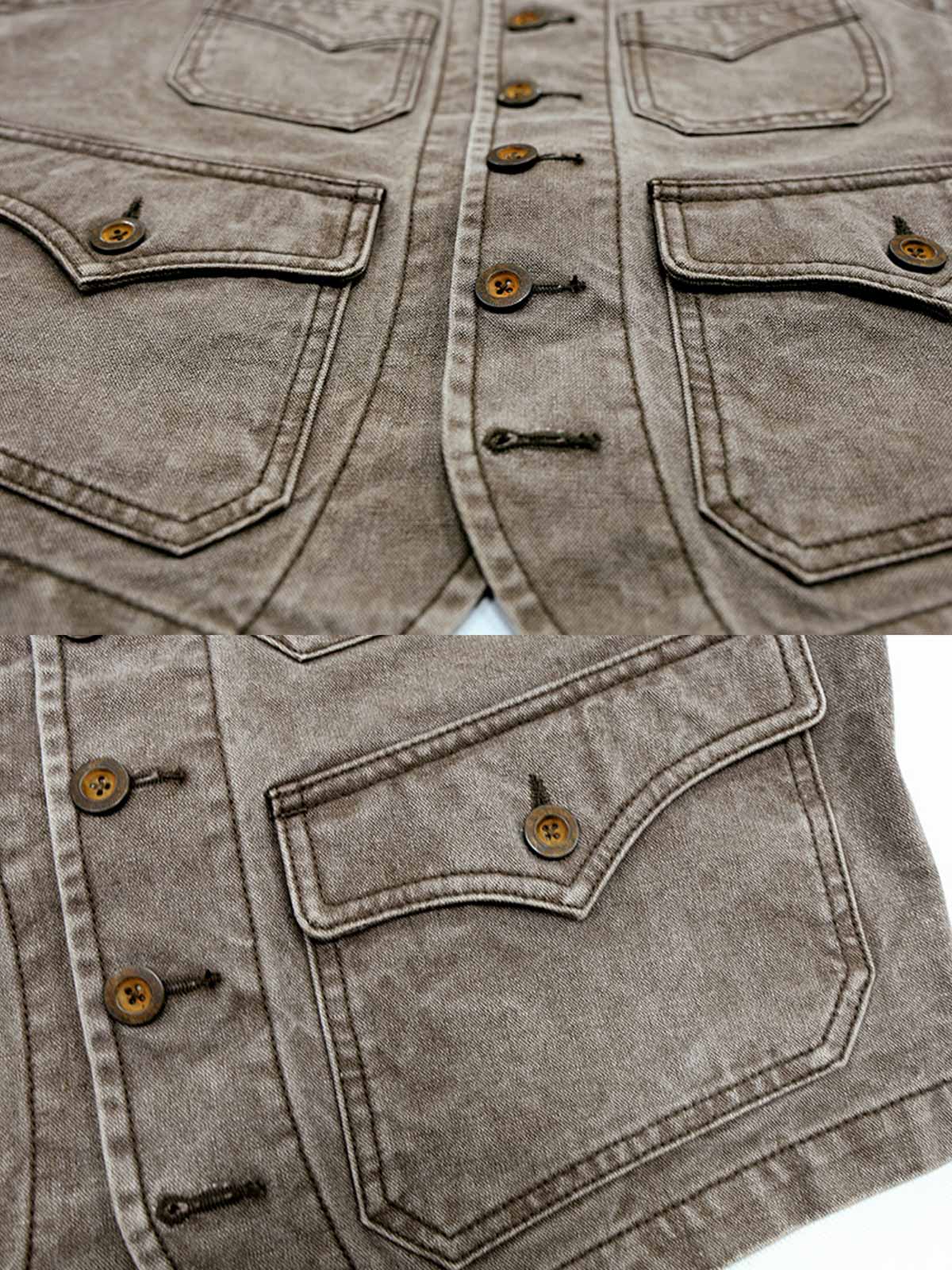 製品画像:ヴィンテージ加工を施した全コットン製アメカジワークベスト
詳細画像:ポケットディテールと水洗い抜染加工によるヴィンテージ風の質感