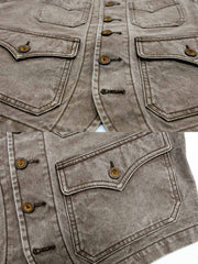 製品画像:ヴィンテージ加工を施した全コットン製アメカジワークベスト
詳細画像:ポケットディテールと水洗い抜染加工によるヴィンテージ風の質感