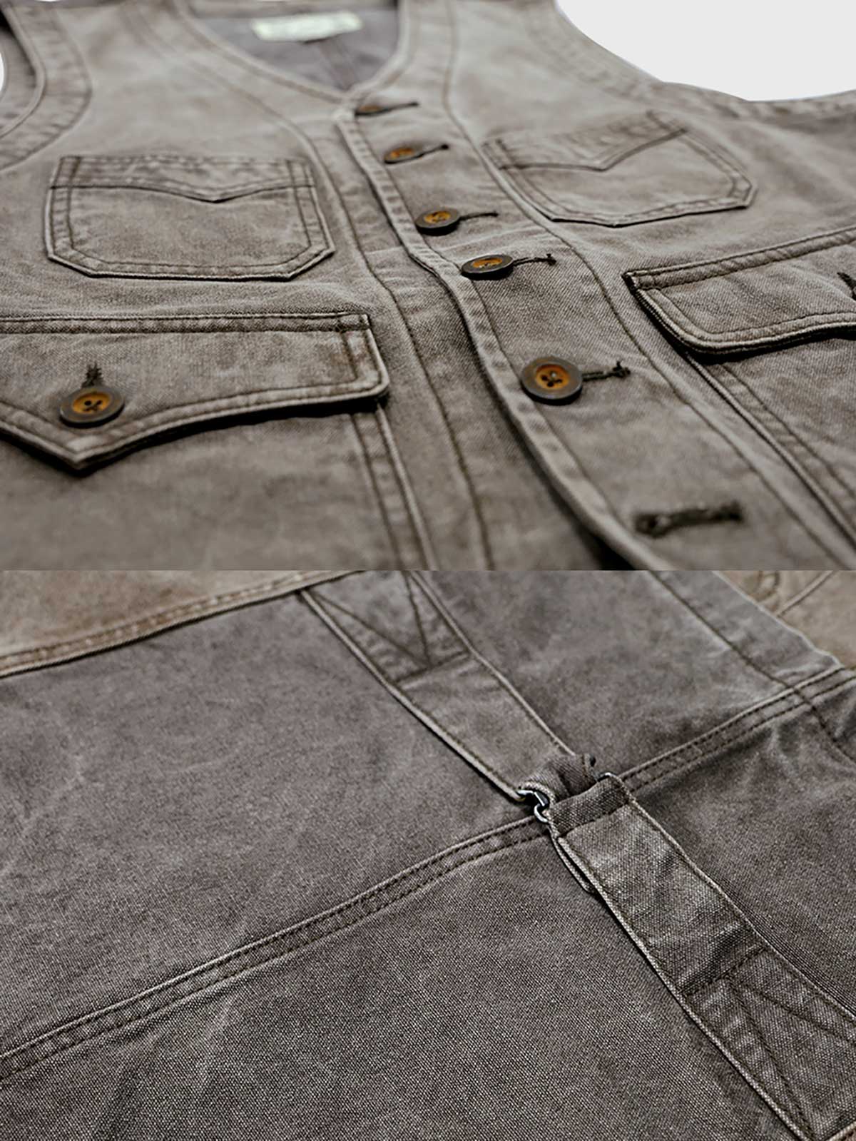 製品画像:ヴィンテージ加工を施した全コットン製アメカジワークベスト
詳細画像:ポケットディテールと水洗い抜染加工によるヴィンテージ風の質感