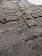 製品画像:ヴィンテージ加工を施した全コットン製アメカジワークベスト
詳細画像:ポケットディテールと水洗い抜染加工によるヴィンテージ風の質感