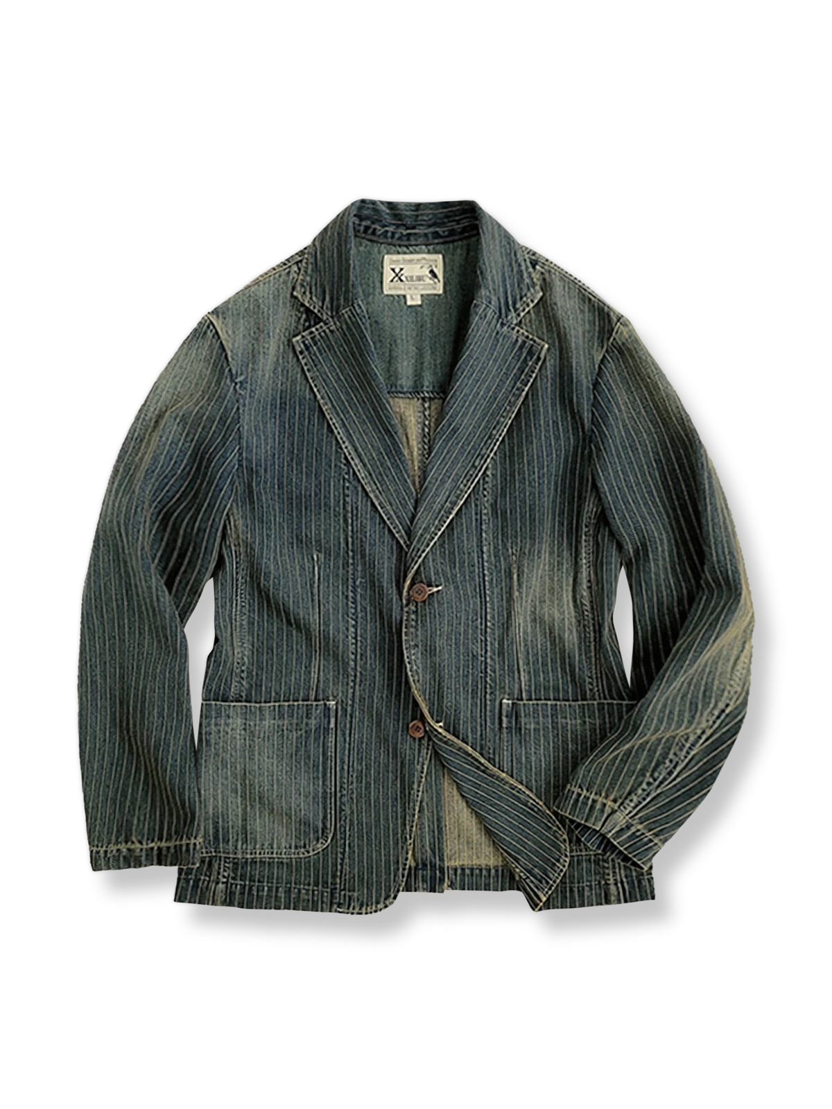 製品画像: デニムストライプブレザー全体写真。コットン100%素材とストライプ柄が特徴的なクラシックなデザイン。
詳細画像: デニムストライプブレザーの生地の質感とストライプ柄のディテールを強調した写真。洗練されたカジュアルエレガンスを表現。