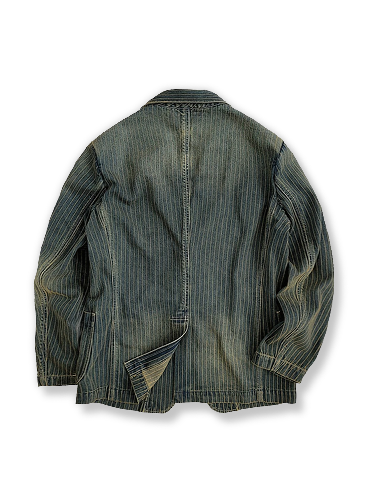 製品画像: デニムストライプブレザー全体写真。コットン100%素材とストライプ柄が特徴的なクラシックなデザイン。
詳細画像: デニムストライプブレザーの生地の質感とストライプ柄のディテールを強調した写真。洗練されたカジュアルエレガンスを表現。