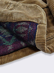 製品画像: コーデュロイハンティングジャケット全体表示。厚手のコーデュロイとウールライナーが特徴で、寒い季節に最適な防寒アイテム。
詳細画像: 本牛角ボタンと本革トリムのディテール表示。ヴィンテージ感と質感が引き立つクラシックなアクセント。