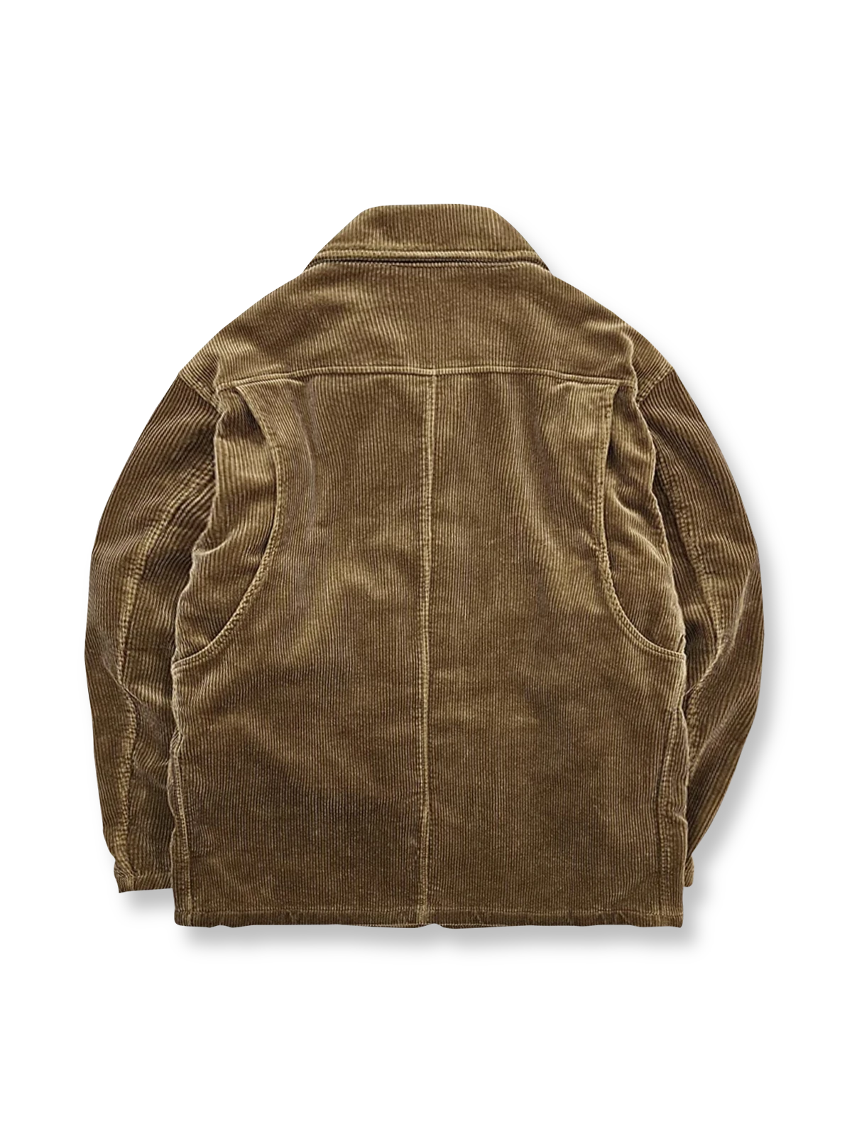 製品画像: コーデュロイハンティングジャケット全体表示。厚手のコーデュロイとウールライナーが特徴で、寒い季節に最適な防寒アイテム。
詳細画像: 本牛角ボタンと本革トリムのディテール表示。ヴィンテージ感と質感が引き立つクラシックなアクセント。
