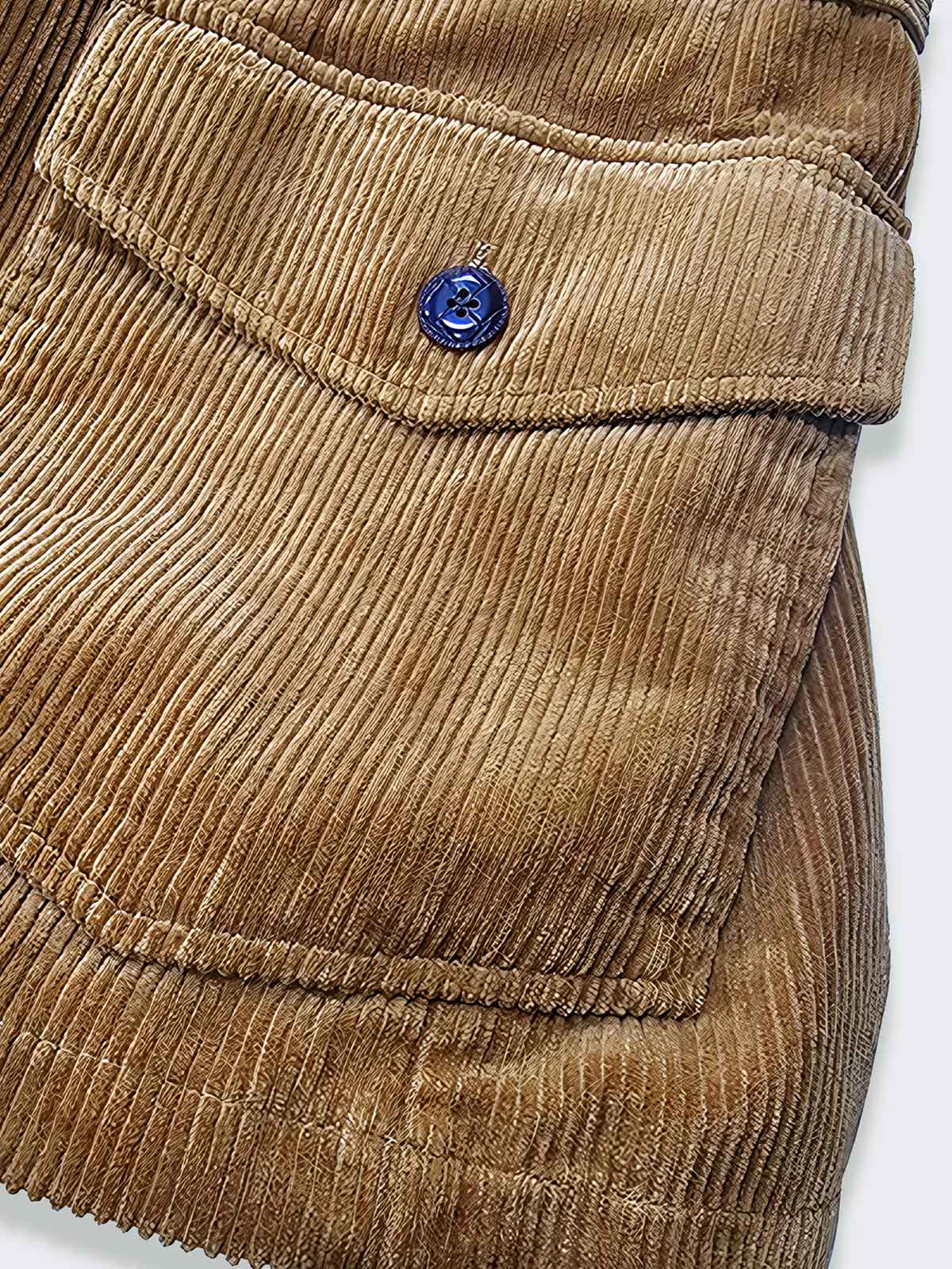 製品画像:アメリカンヴィンテージ風コーデュロイハンティングジャケットの正面展示。テーラードシルエットとコーデュロイ素材がエレガントでありながらタフな印象を演出。
詳細画像:天然のバッファローホーンボタンと英国風チェック柄裏地のディテール展示。クラシックな雰囲気と独特の質感が魅力。